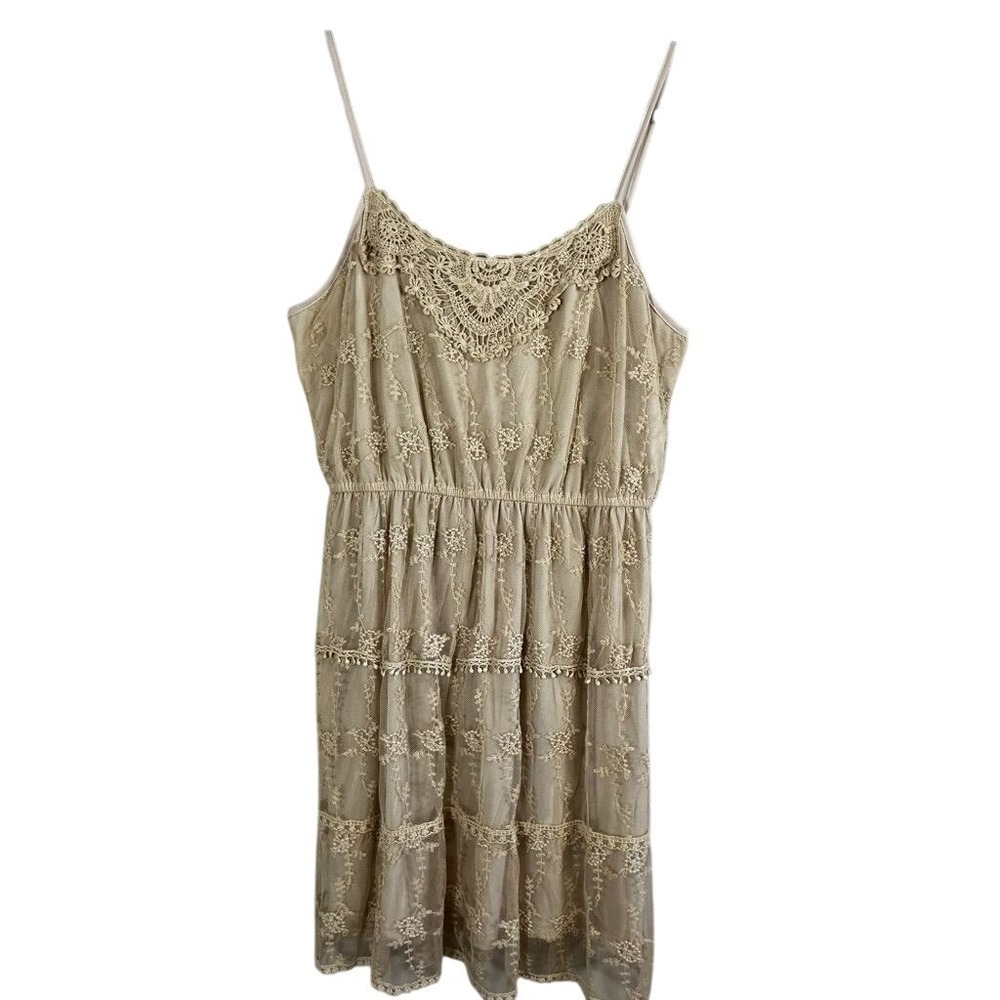 Y2K Floral Lace Mini Tank Dress Beige Sβ Crochet Boho Indie Folk Feminine Mesh